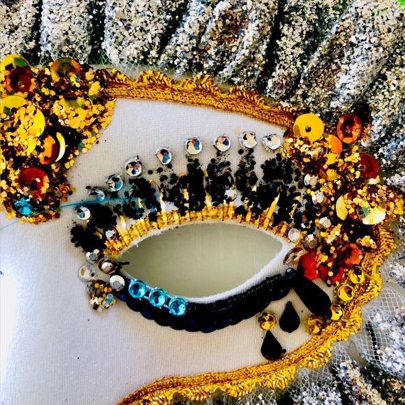 Beaded eye mask grn ostrich feathers Carnevale Masquerade Mardi Gras Halloween - Picture 3 of 16